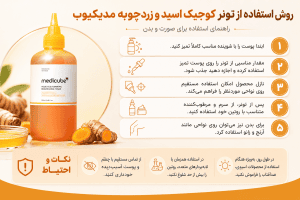 تونر کوجیک اسید و زردچوبه مدیکیوب | Medicube Kojic Acid Turmeric Toner 34 روش استفاده از تونر کوجیک اسید و زردچوبه مدیکیوب برای صورت و بدن، شامل مراحل استفاده، نکات احتیاط و تأکید بر مصرف ضدآفتاب